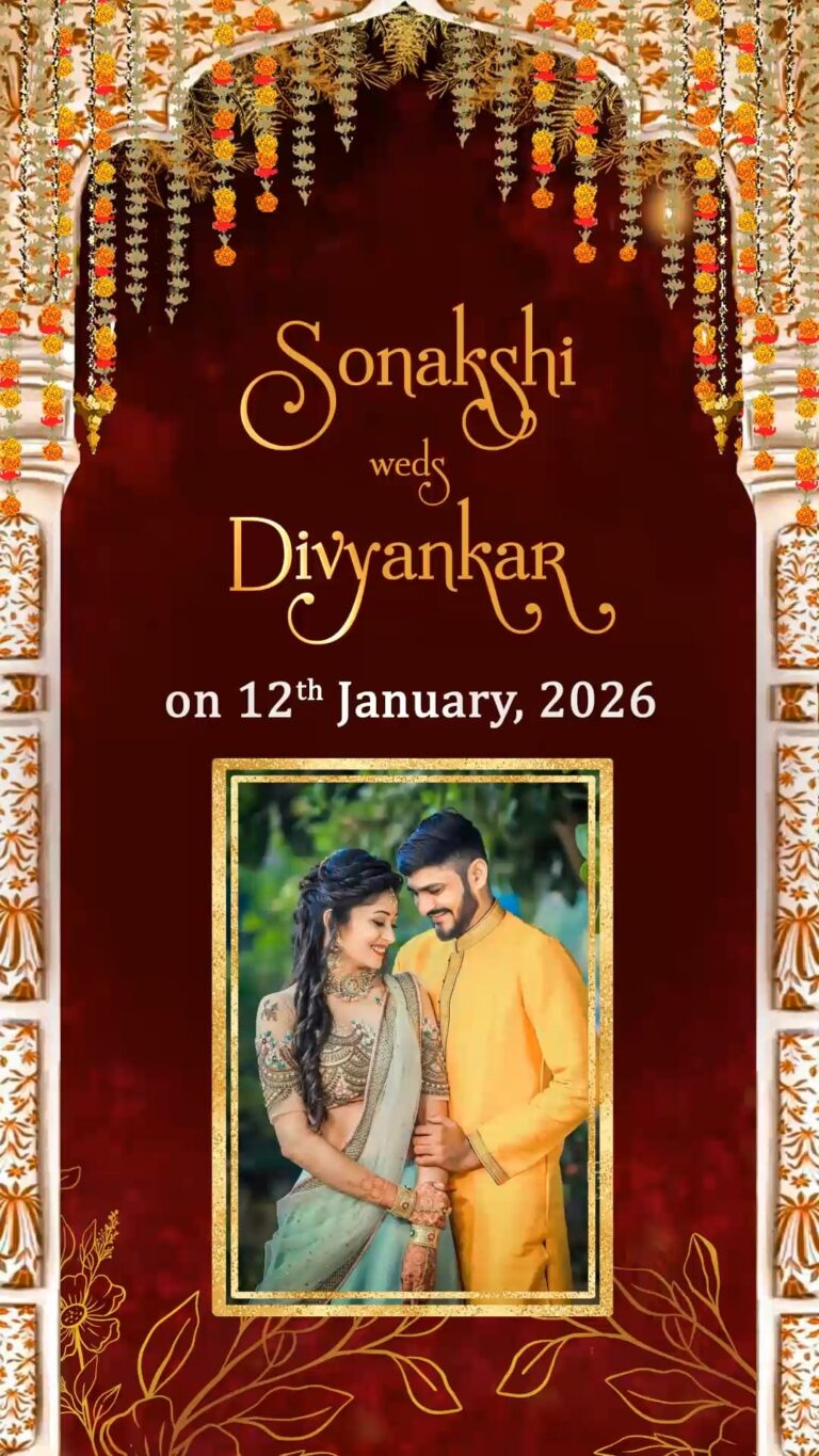 Royal Maroon BG Indian Wedding Invitation Video with Add Photo, Mandap Elements, Sacred Rituals and Couple Illustration