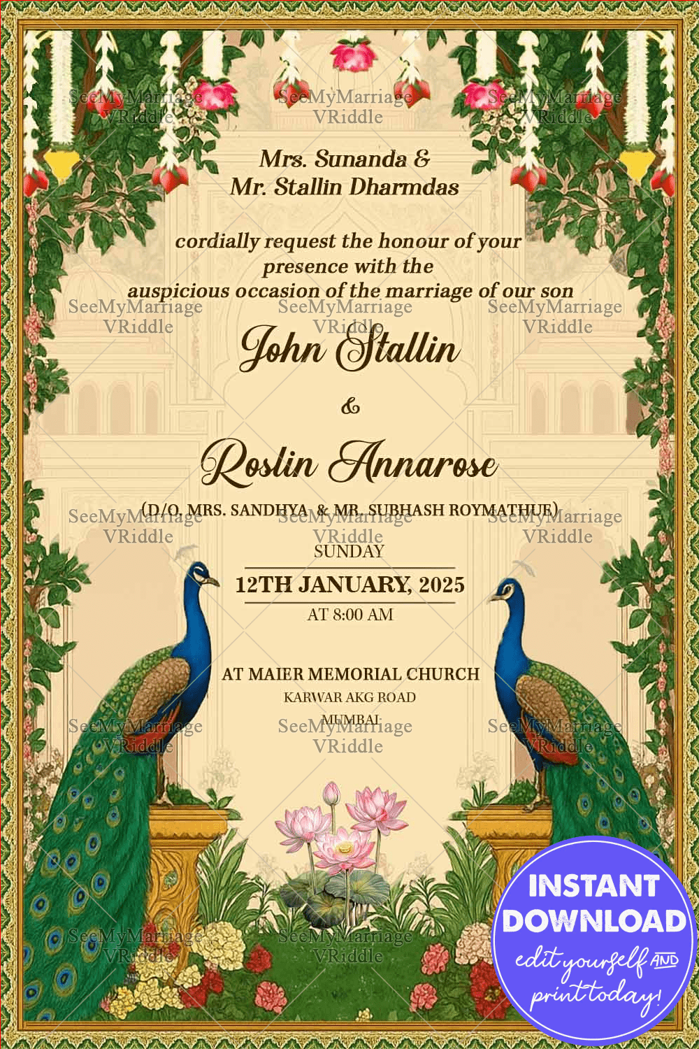 Royal Wedding Invitation with Elegant Palace, Peacocks and Floral Grandeur