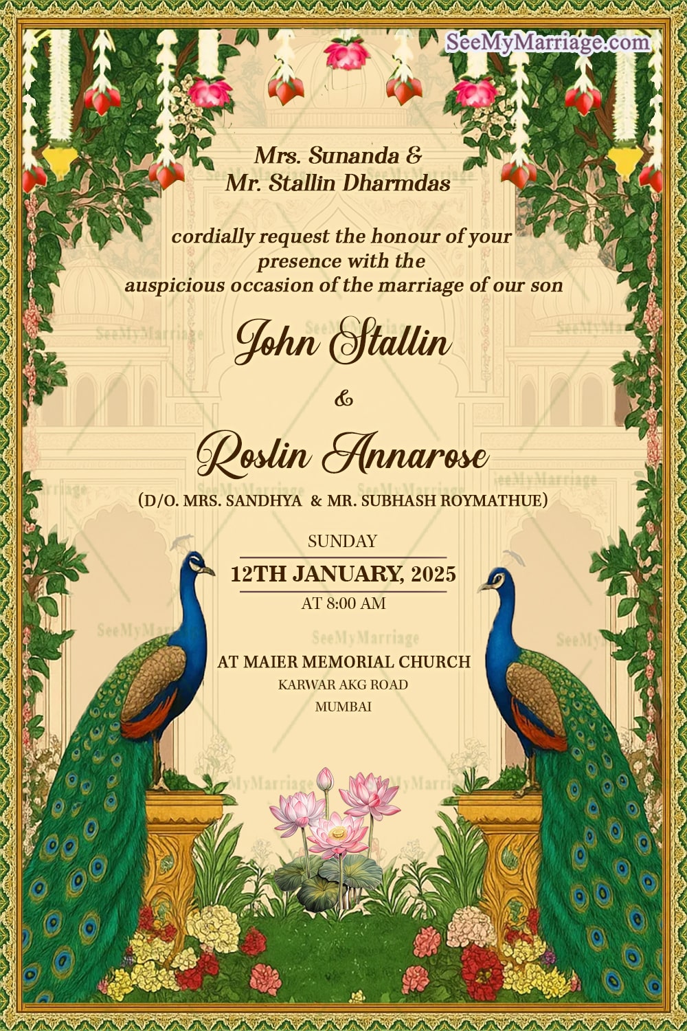 Royal Wedding Invitation with Elegant Palace, Peacocks and Floral Grandeur