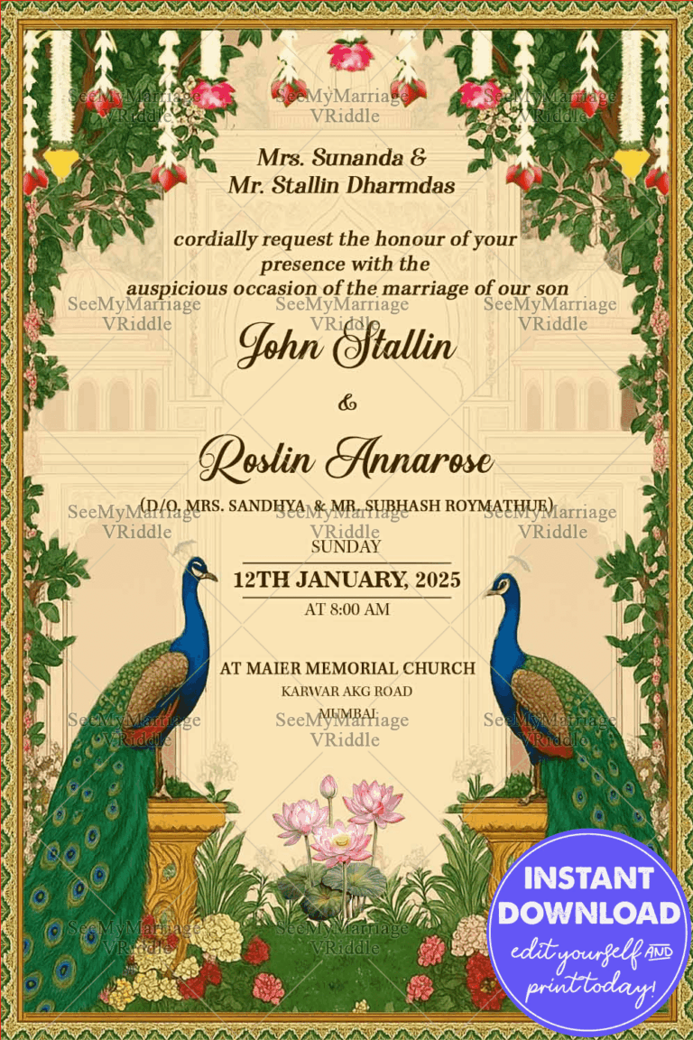 Royal Wedding Invitation with Elegant Palace, Peacocks and Floral Grandeur
