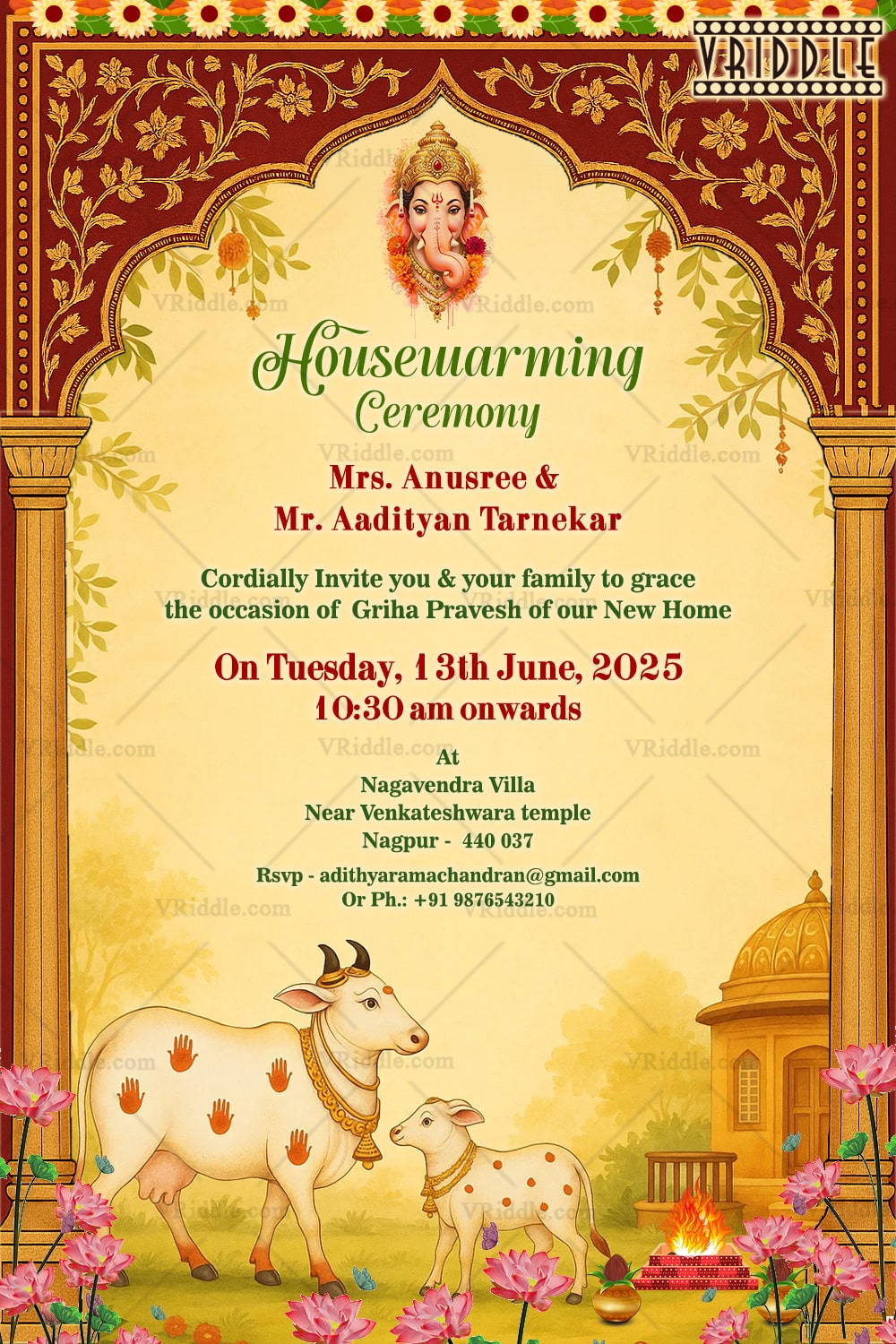 Sacred Griha Pravesh Invitation with Divine Cow & Calf and Traditional Temple Decor with Golden Arch