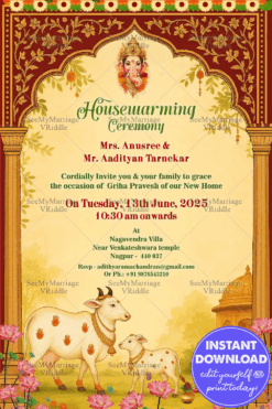 Sacred Griha Pravesh Invitation with Divine Cow & Calf and Traditional Temple Decor with Golden Arch