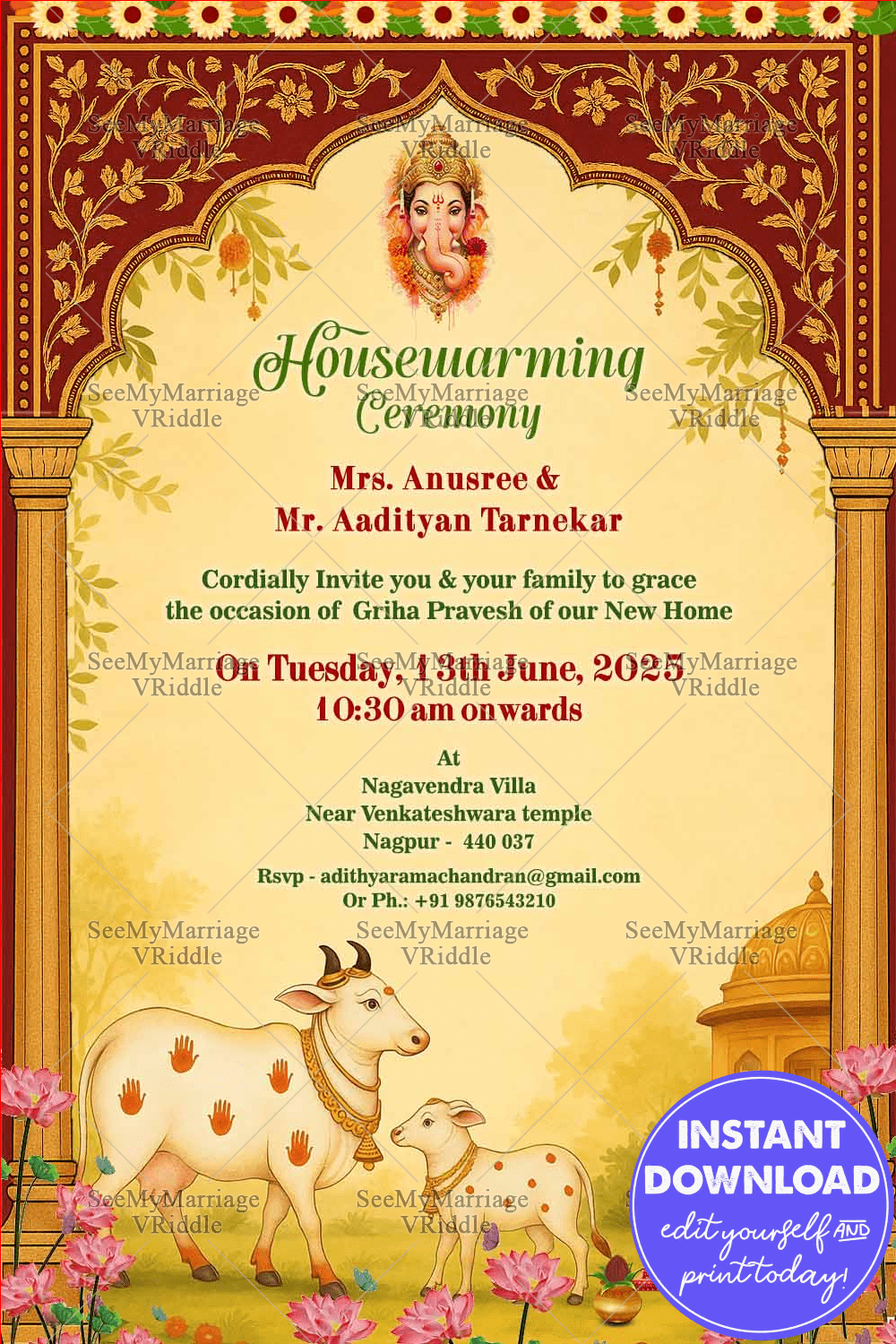 Sacred Griha Pravesh Invitation with Divine Cow & Calf and Traditional Temple Decor with Golden Arch