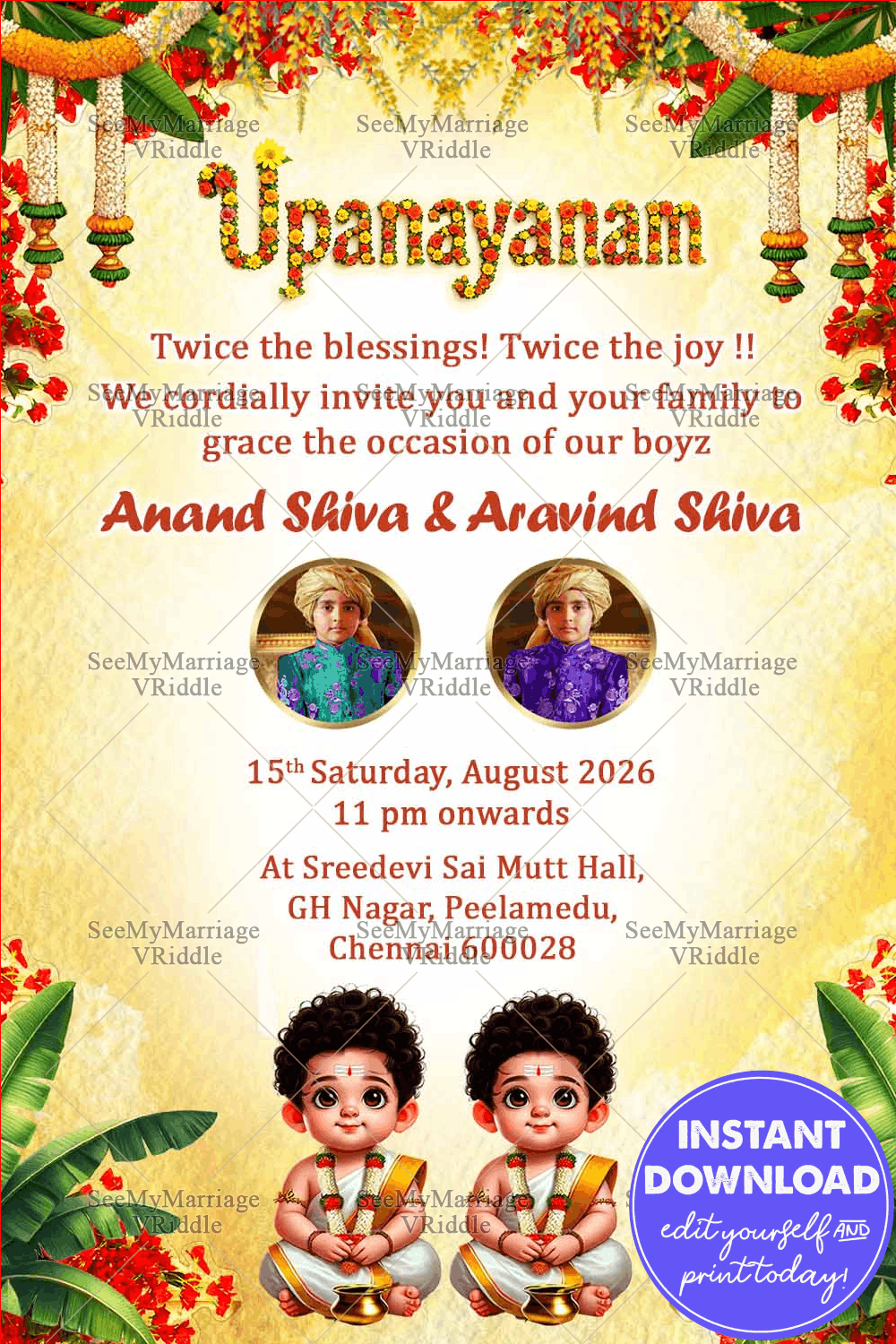 Sacred Thread Ceremony Twins Boys with Add Image Option, Yellow Textured Background and Florals
