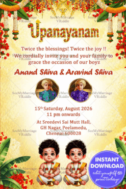 Sacred Thread Ceremony Twins Boys with Add Image Option, Yellow Textured Background and Florals