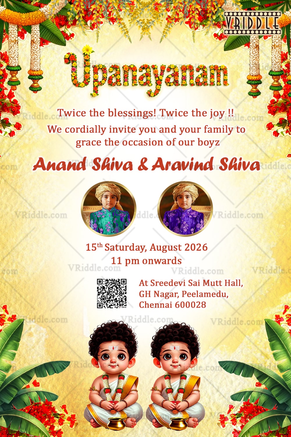 Sacred Thread Ceremony Twins Boys with Add Image Option, Yellow Textured Background and Florals