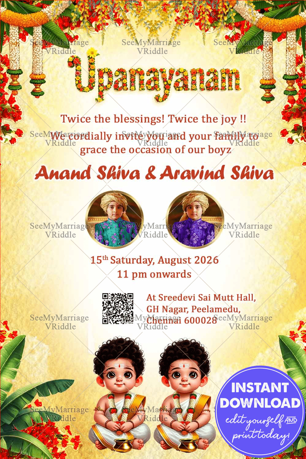 Sacred Thread Ceremony Twins Boys with Add Image Option, Yellow Textured Background and Florals