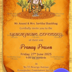 Scroll-Themed Upanayanam Invitation with Divine Vamana Illustration and Vintage Aesthetic