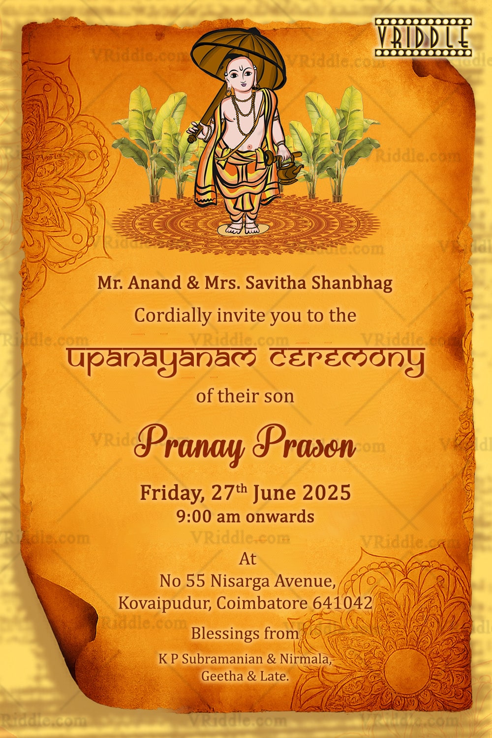 Scroll-Themed Upanayanam Invitation with Divine Vamana Illustration and Vintage Aesthetic