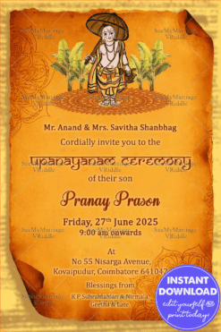 Scroll-Themed Upanayanam Invitation with Divine Vamana Illustration and Vintage Aesthetic