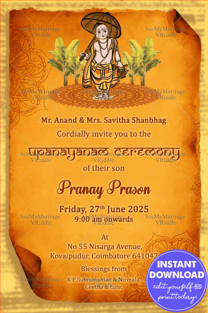 Scroll-Themed Upanayanam Invitation with Divine Vamana Illustration and Vintage Aesthetic