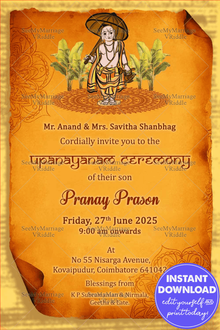 Scroll-Themed Upanayanam Invitation with Divine Vamana Illustration and Vintage Aesthetic