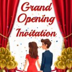 Shop Grand Opening Ceremony Invitation Video with Couple Illustration, Golden Balloon and Red Curtain Backdrop