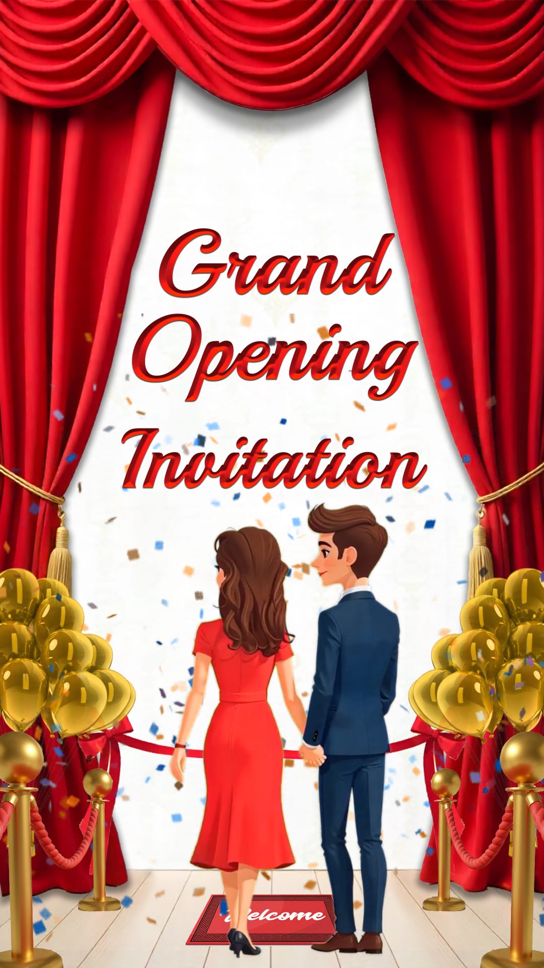 Shop Grand Opening Ceremony Invitation Video with Couple Illustration, Golden Balloon and Red Curtain Backdrop