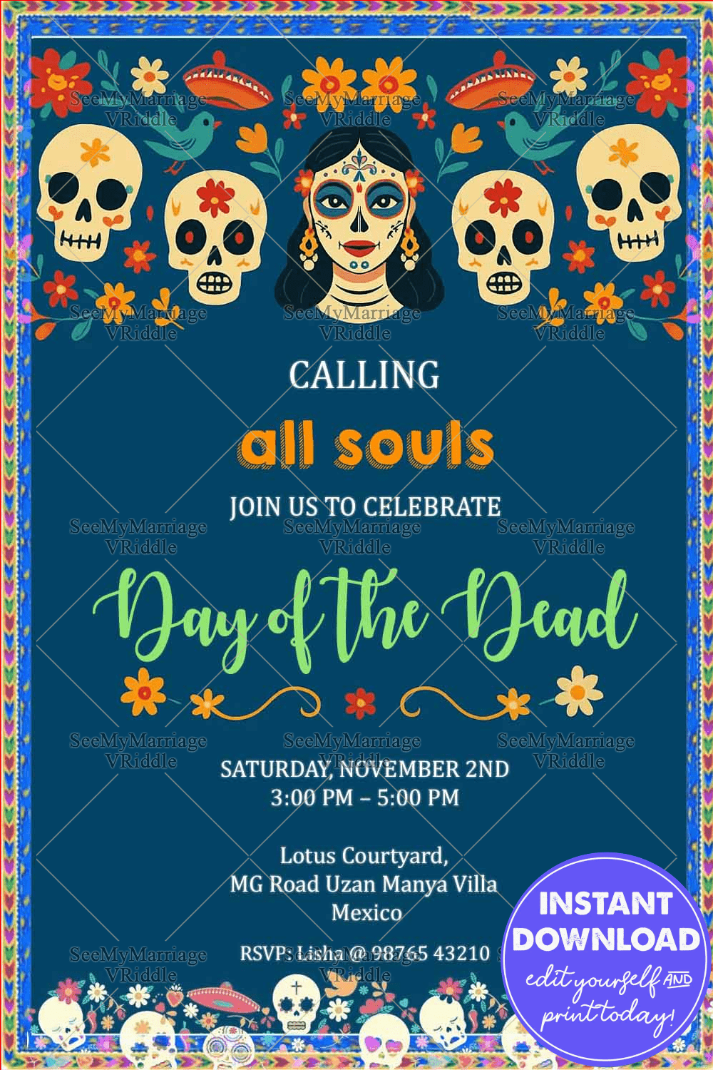 Skulls Day of the Dead Invitation with Painted Woman & Vibrant Floral Border