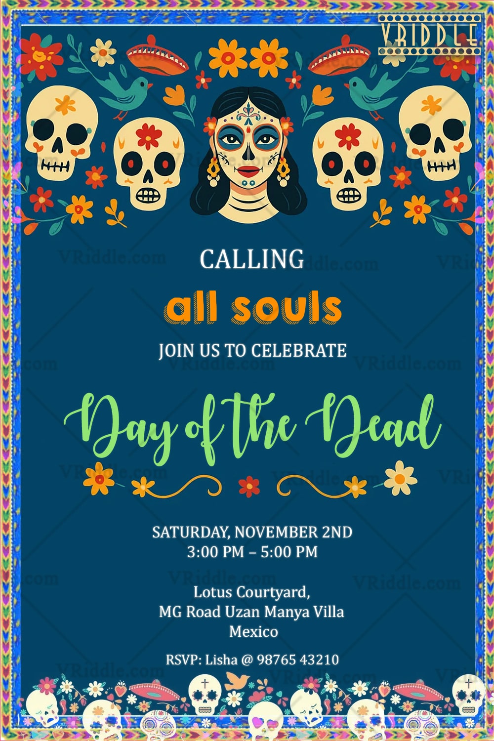 Skulls Day of the Dead Invitation with Painted Woman & Vibrant Floral Border