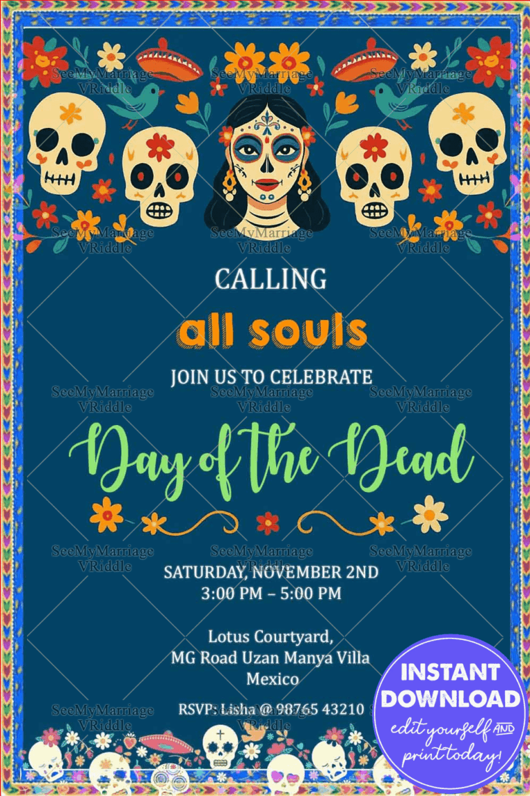 Skulls Day of the Dead Invitation with Painted Woman & Vibrant Floral Border