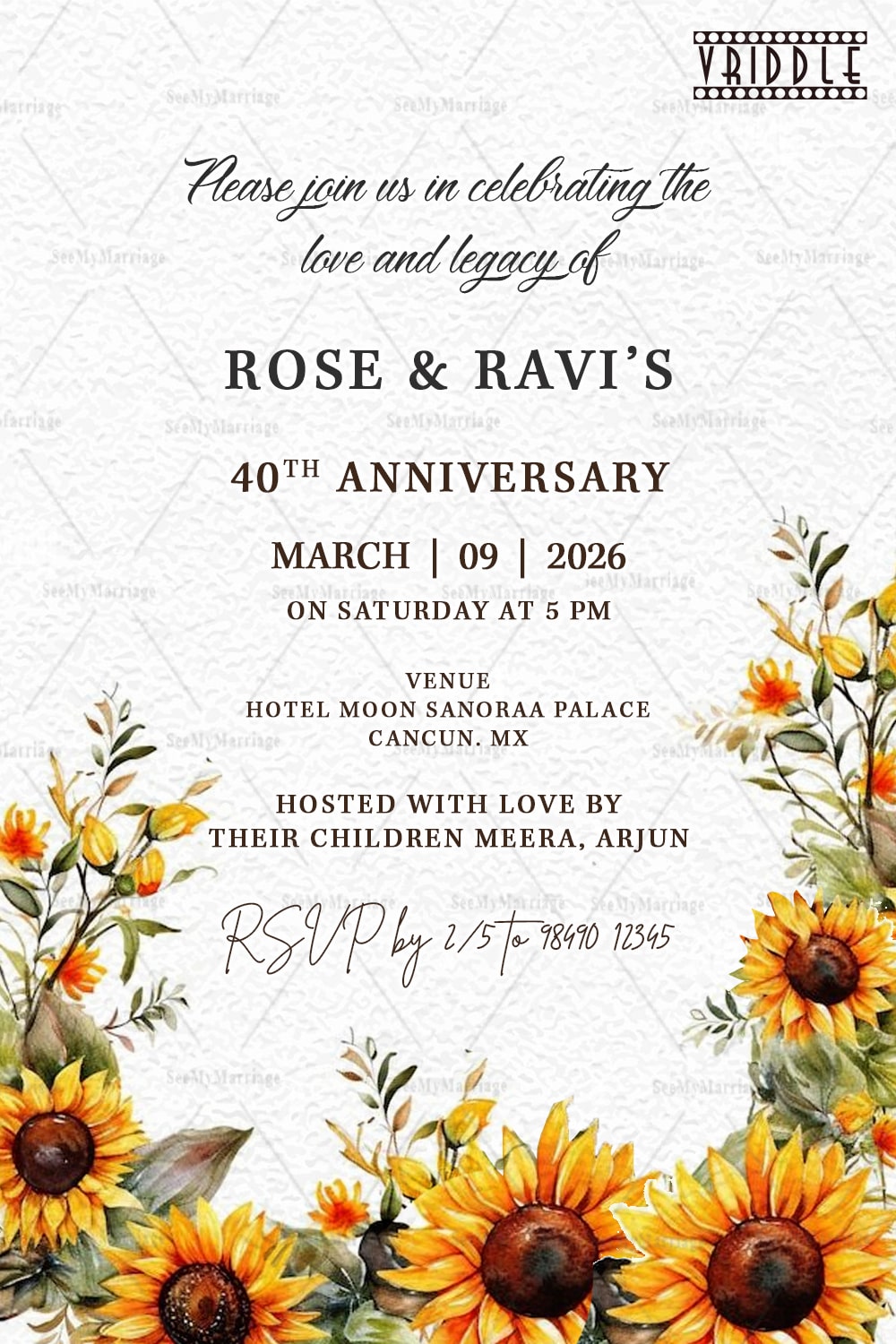 Sunflower Elegance Anniversary Invitation with soft blossoms frame with Textured BG