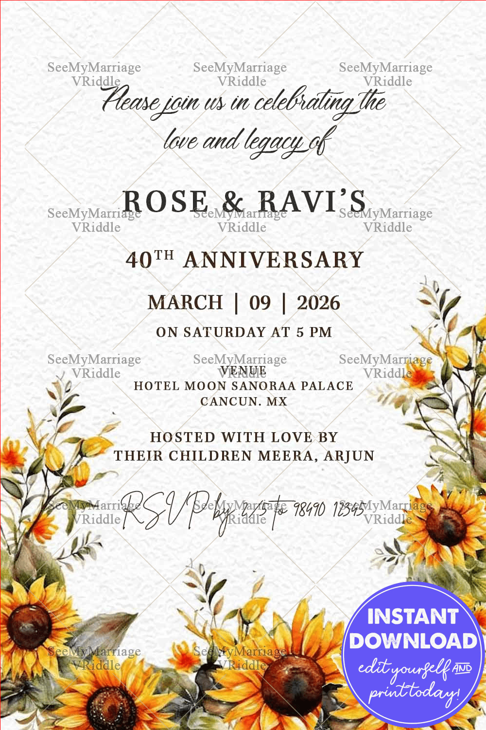 Sunflower Elegance Anniversary Invitation with soft blossoms frame with Textured BG