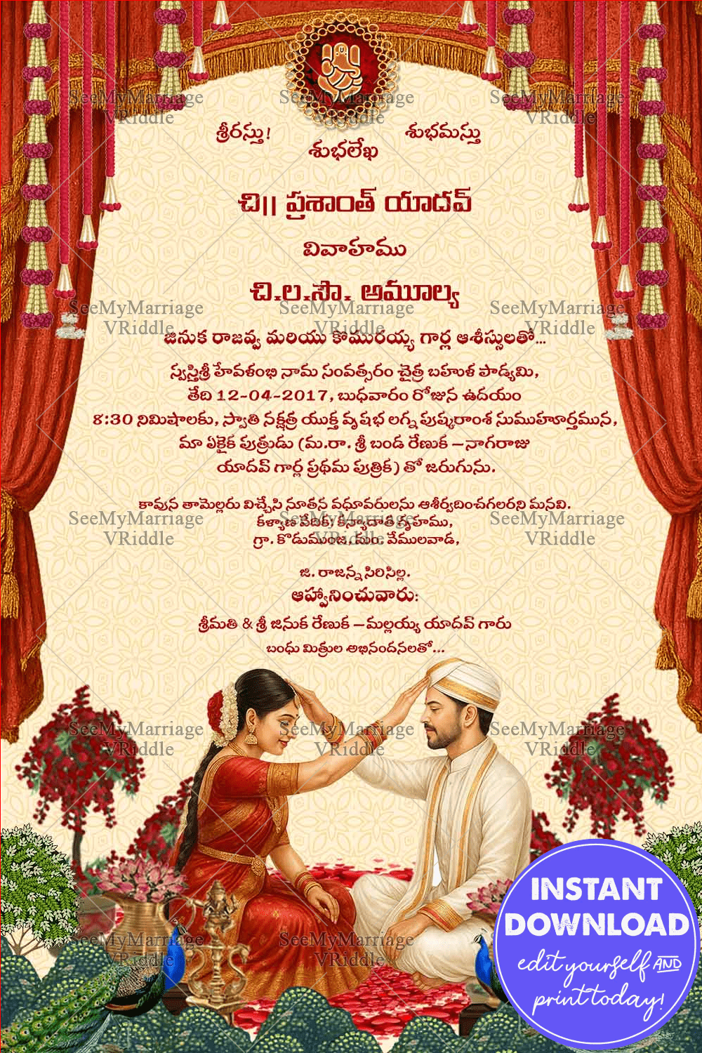 Telugu Wedding Invitation with Ritual Scene, Bride-Groom Illustration & Draped Mandap with Peacock