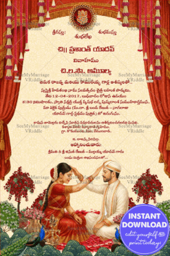 Telugu Wedding Invitation with Ritual Scene, Bride-Groom Illustration & Draped Mandap with Peacock