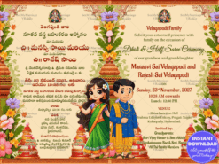 Telugu and English Dhoti and Half Saree Ceremony Invitation Card with Grandson and Granddaughter in Festive Attire
