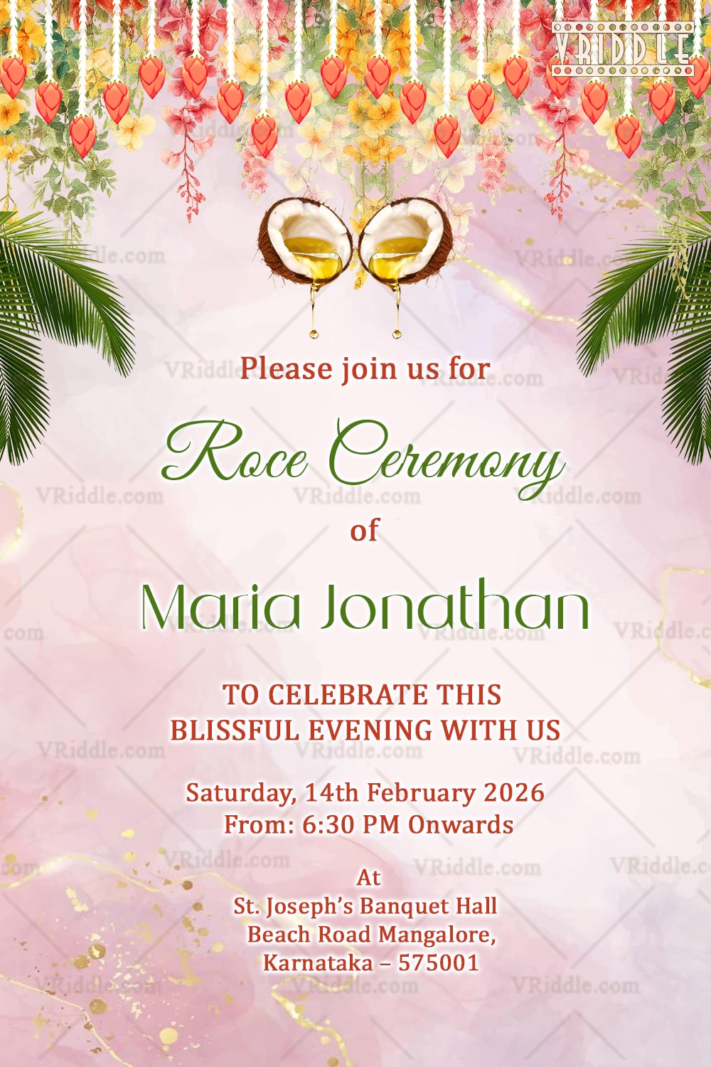 Tropical Floral Roce Ceremony Invitation with Coconut Oil Tradition for Pre-Wedding Celebration.