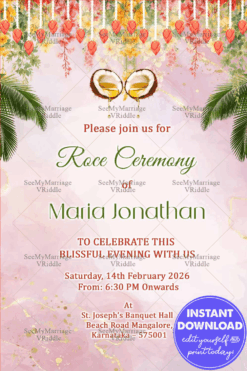Tropical Floral Roce Ceremony Invitation with Coconut Oil Tradition for Pre-Wedding Celebration.