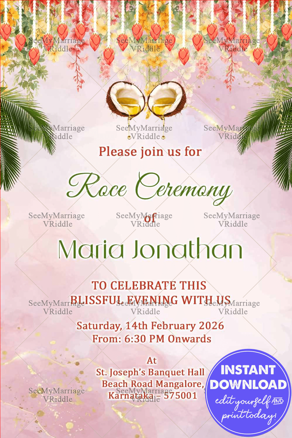 Traditional Roce Ceremony Invitation with Royal Arch, Coconut Motif & Floral Accents