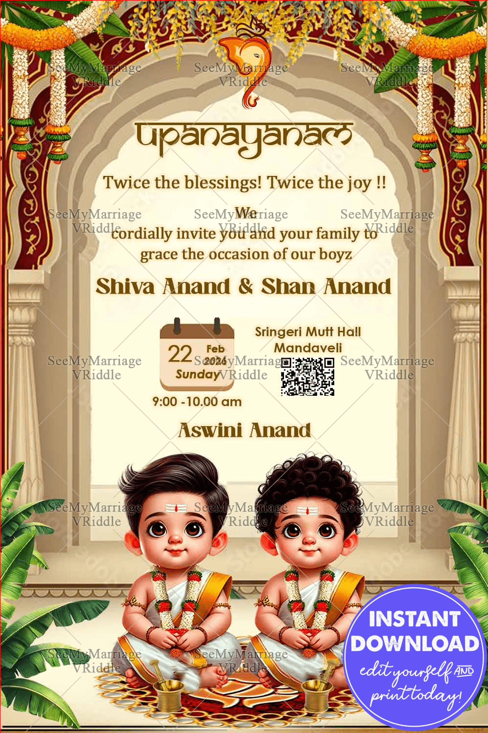 Twins Upanayanam Invitation with Divine Arch, Floral Garlands & Adorable Illustrations