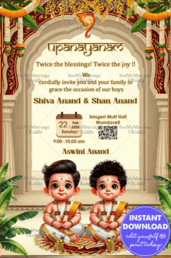 Twins Upanayanam Invitation with Divine Arch, Floral Garlands & Adorable Illustrations
