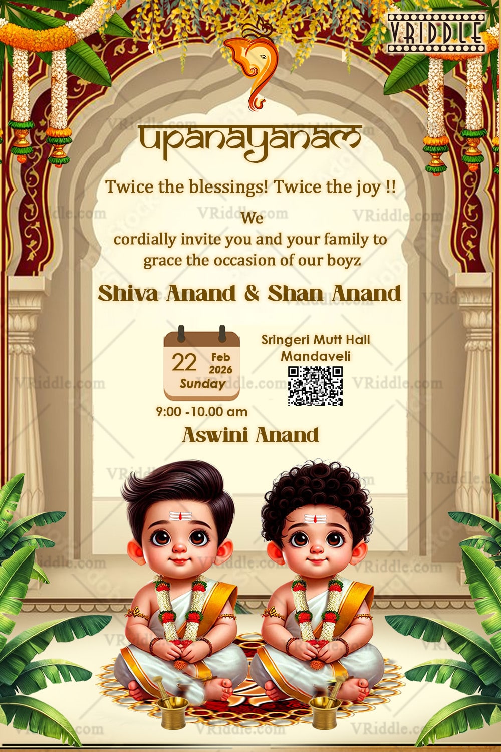 Twins Upanayanam Invitation with Divine Arch, Floral Garlands & Adorable Illustrations