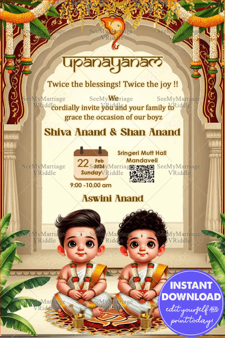 Twins Upanayanam Invitation with Divine Arch, Floral Garlands & Adorable Illustrations