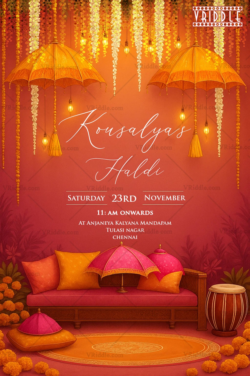 Vibrant Pink and yellow Haldi Invitation with Marigold, Umbrella Decor and Cozy Mehndi Seating