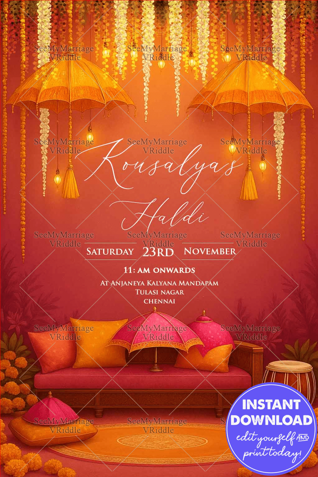 Vibrant Pink and yellow Haldi Invitation with Marigold, Umbrella Decor and Cozy Mehndi Seating