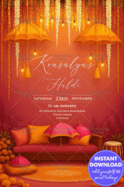 Vibrant Pink and yellow Haldi Invitation with Marigold, Umbrella Decor and Cozy Mehndi Seating