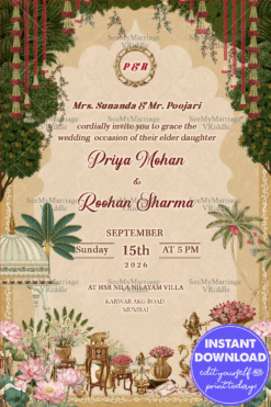 Vintage Wedding Invitation with Lotus Floral Decor and Traditional Indian Arch and Classic Elements