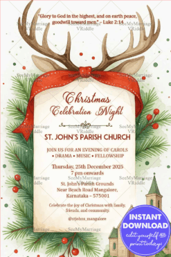 Whimsical Christmas Celebration Night Invitation with Reindeer and Church Illustration