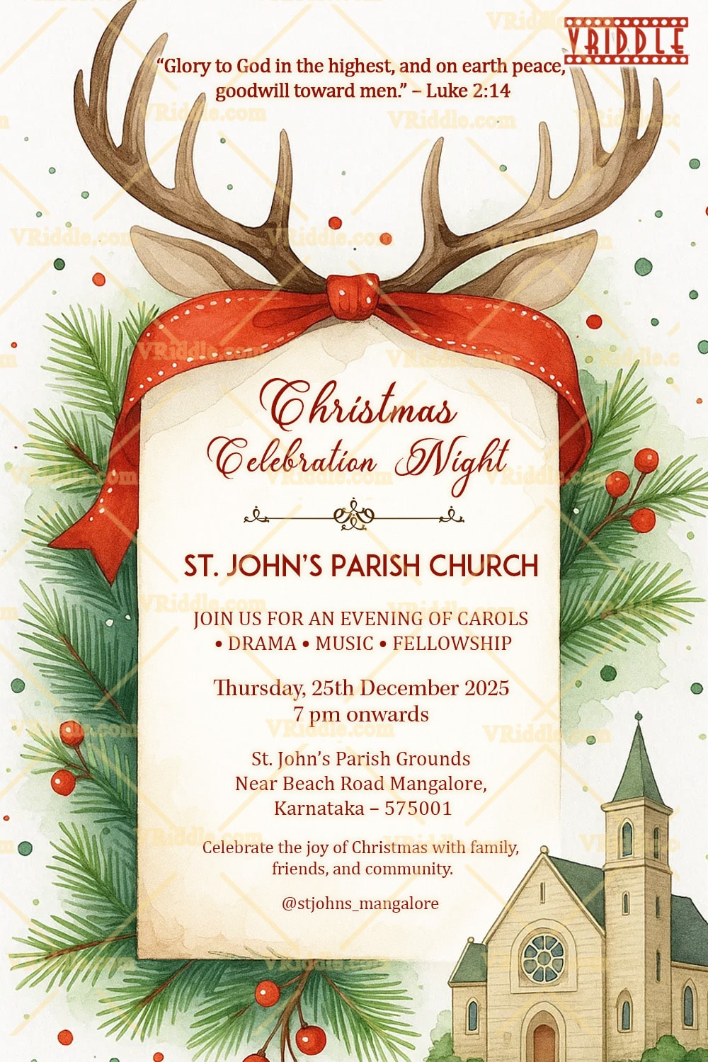 Whimsical Christmas Celebration Night Invitation with Reindeer and Church Illustration