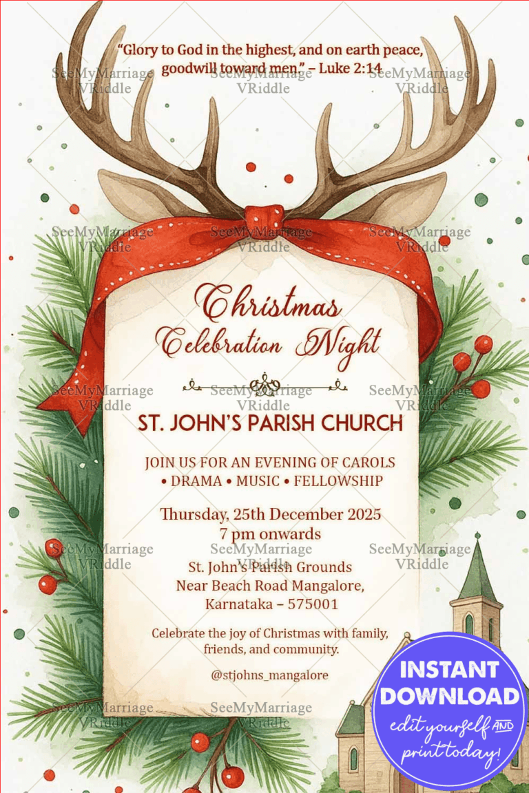 Whimsical Christmas Celebration Night Invitation with Reindeer and Church Illustration