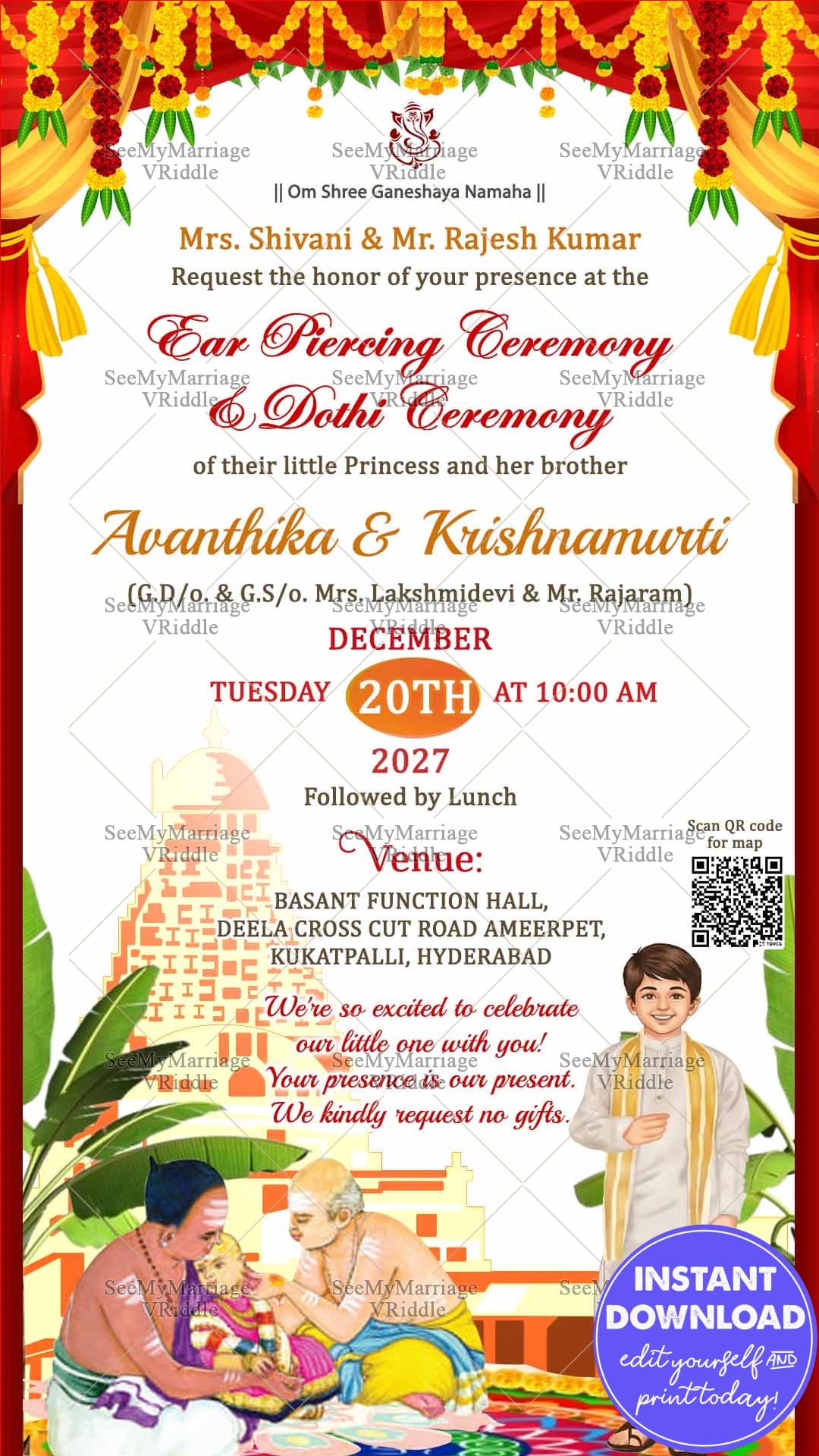 South Indian Ear Piercing & Dhoti Ceremony Invitation Card with Temple BG and Floral Garlands