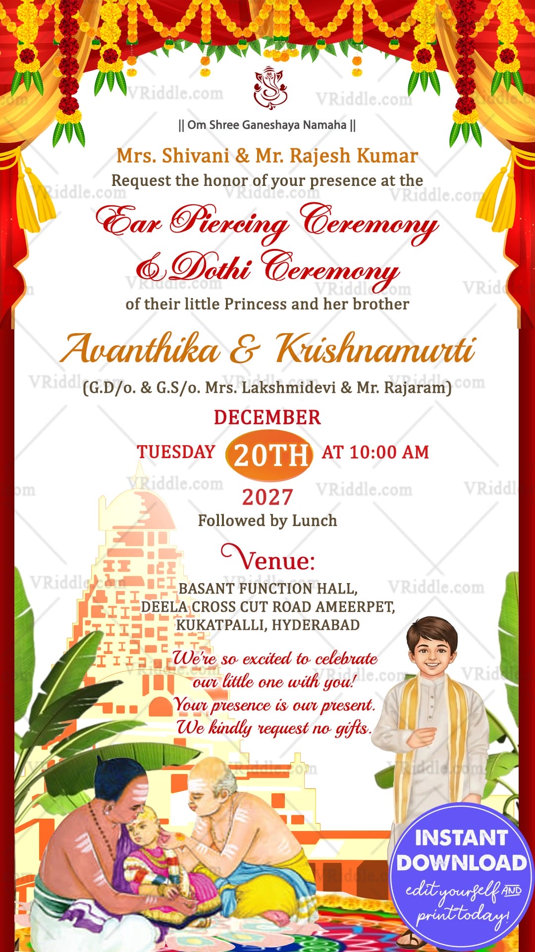 South Indian Ear Piercing & Dhoti Ceremony Invitation Card with Temple BG and Floral Garlands