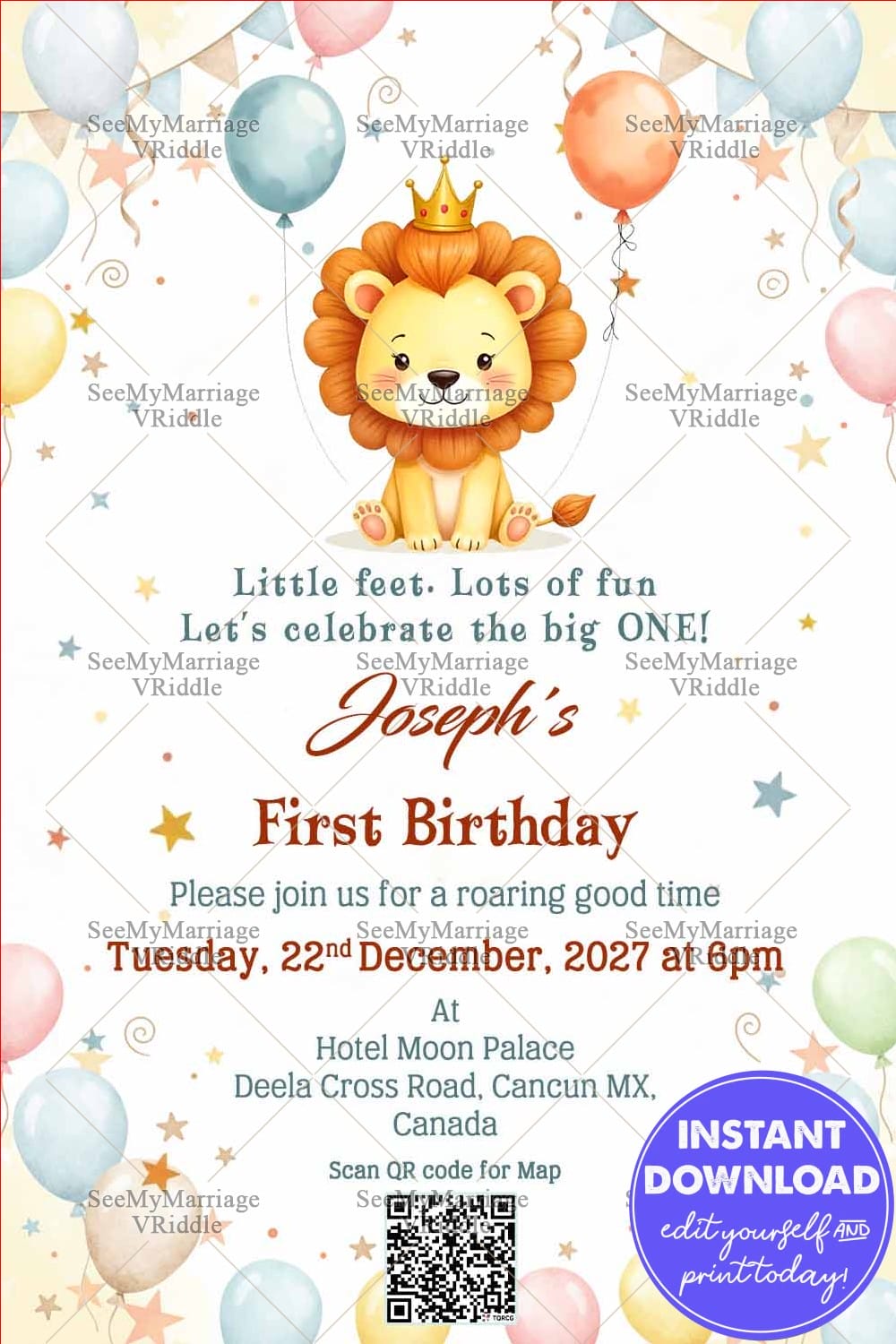 Crowned Baby Lion Birthday Invitation Card with Pastel Balloons, Joyful and Memorable Celebration