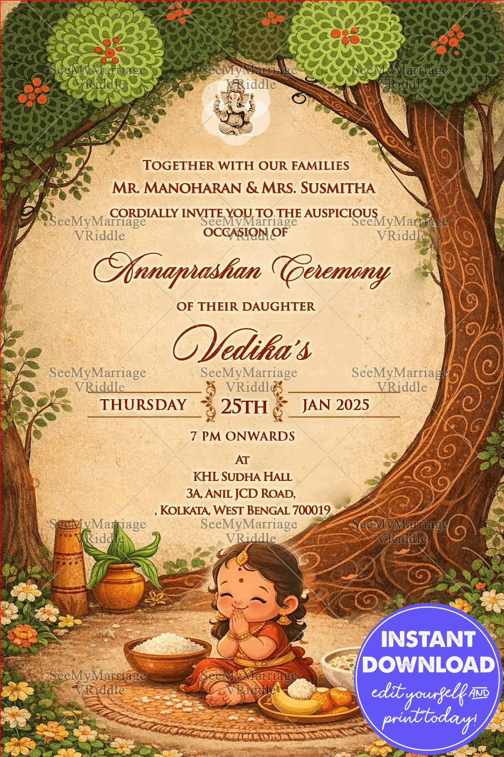 Vintage Girl Annaprashan Invitation Card with illustrated Trees, lush Green Nature Beauty