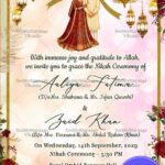 Nikah Invitation Card with Red Rose Floral Accents and Glowing Lanterns in Pastel Background