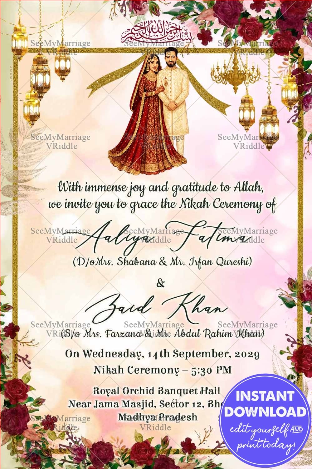 Nikah Invitation Card with Red Rose Floral Accents and Glowing Lanterns in Pastel Background