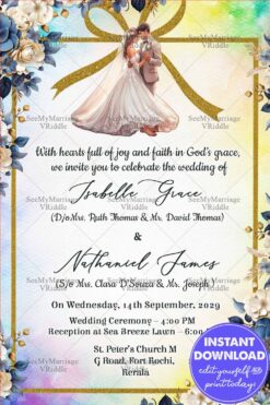 Blue and Gold Christian Wedding Invitation Card with Floral Corners and Romantic Couple Illustration