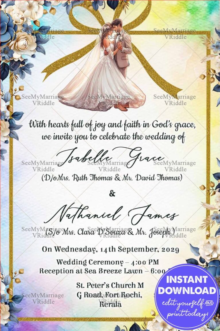 Blue and Gold Christian Wedding Invitation Card with Floral Corners and Romantic Couple Illustration