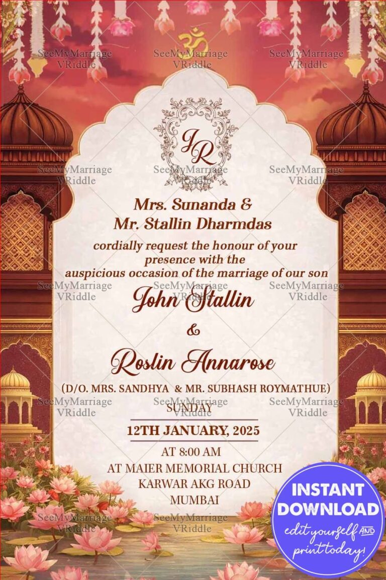 Regal Lotus Wedding Invitation Framed with Domed Arches, Floral Garlands, and Palace Pond Aesthetic