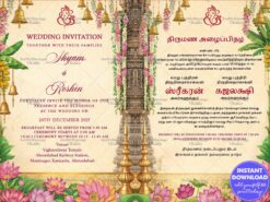 South Indian Wedding Invitation Framed with Floral Garlands, Temple Bells, Lotus Blooms, and Sacred Kalash